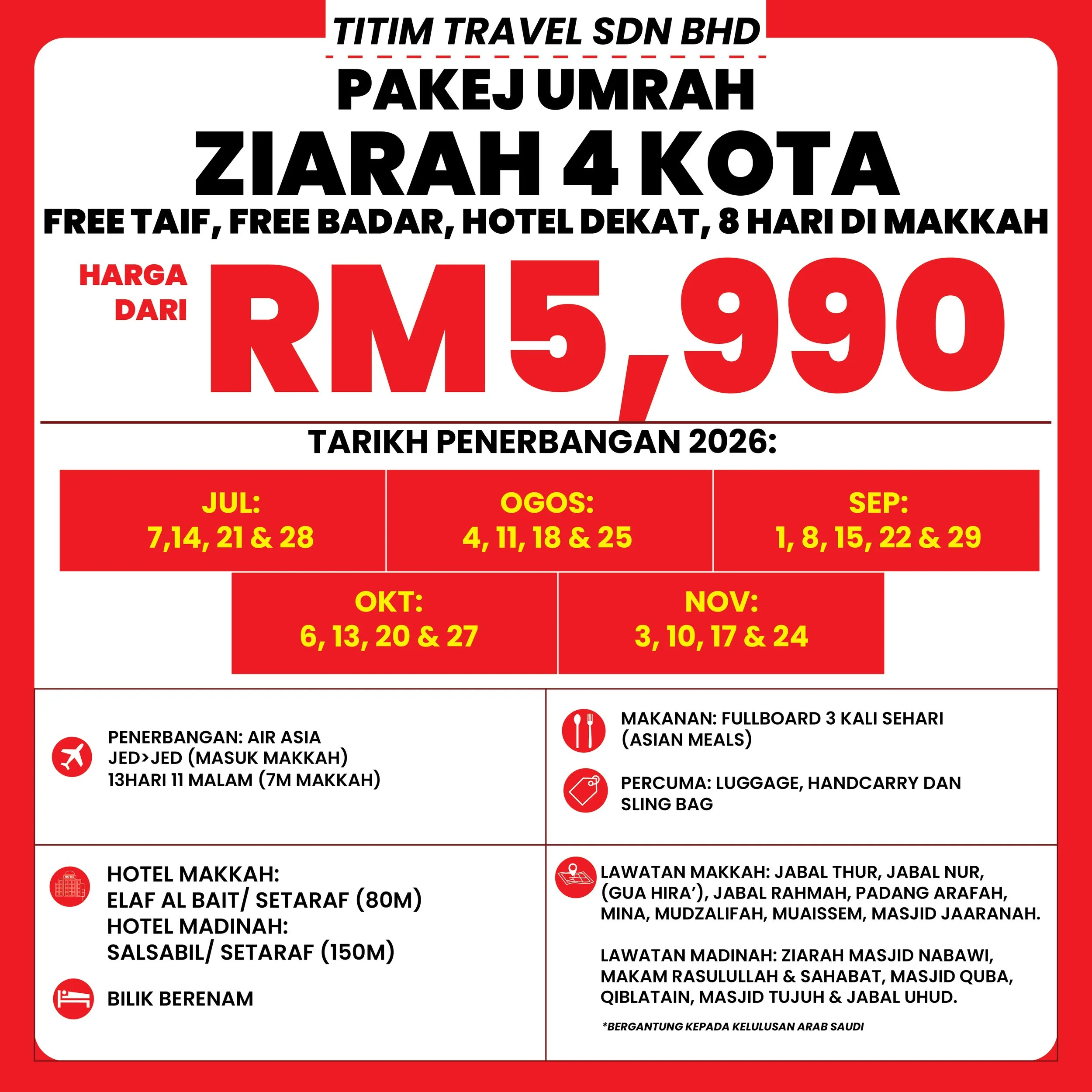 Pakej Umrah Ziarah 4 Kota 13 Hari (Air Asia) - Elaf Salsabil