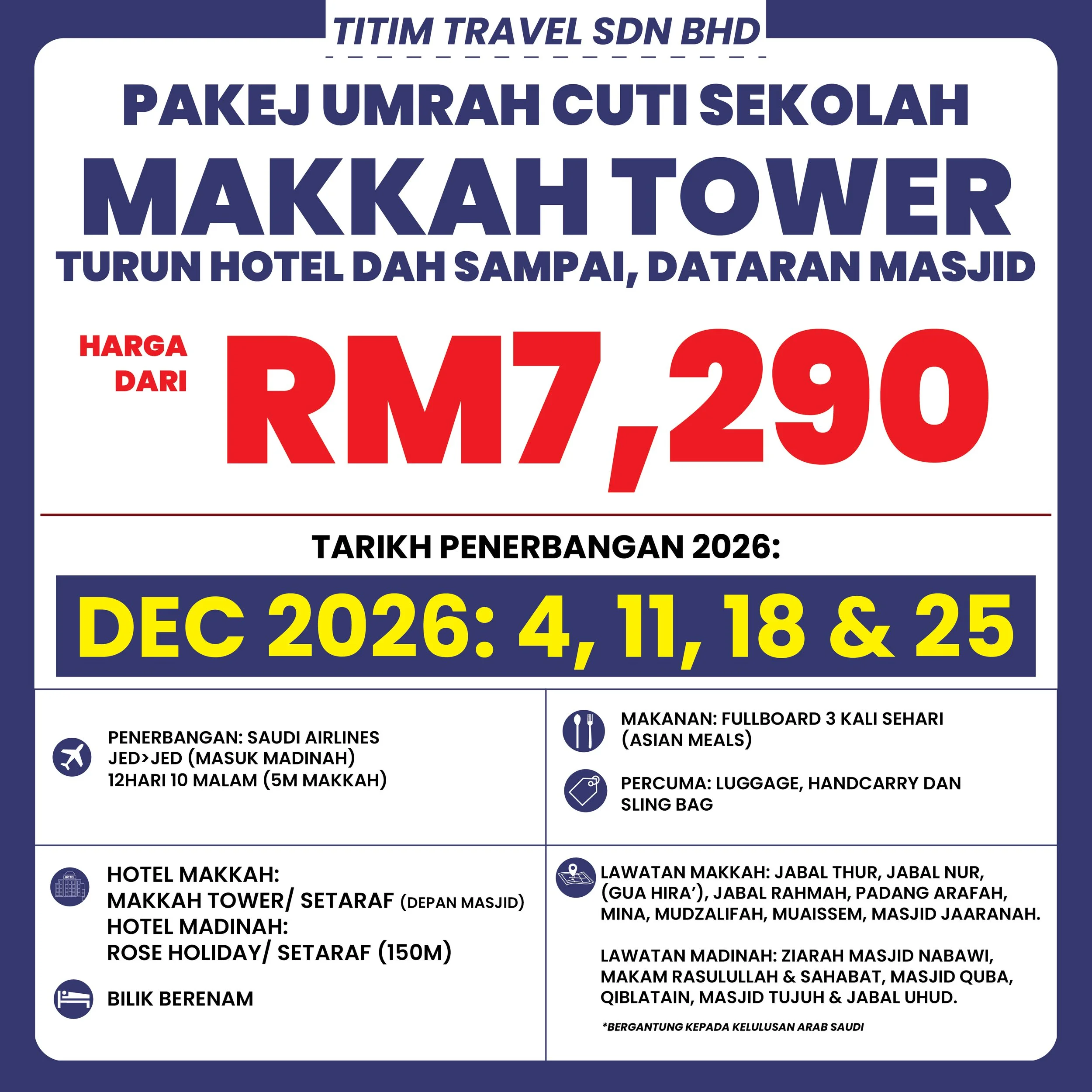 Pakej Umrah Cuti Sekolah – Saudi Airlines 12 Hari (Makkah Tower)