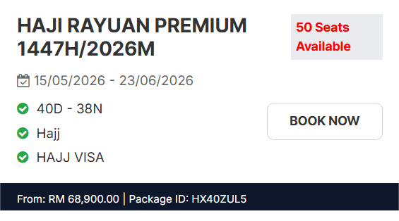 PAKEJ HAJI RAYUAN PREMIUM 40H38M (15 May – 23 Jun 2026)