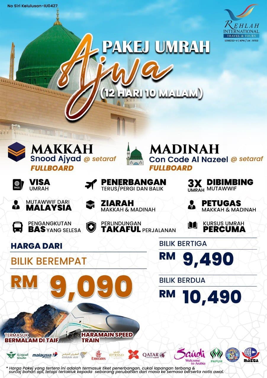 PAKEJ UMRAH AJWA 12H10M (20-31 JAN 2026)