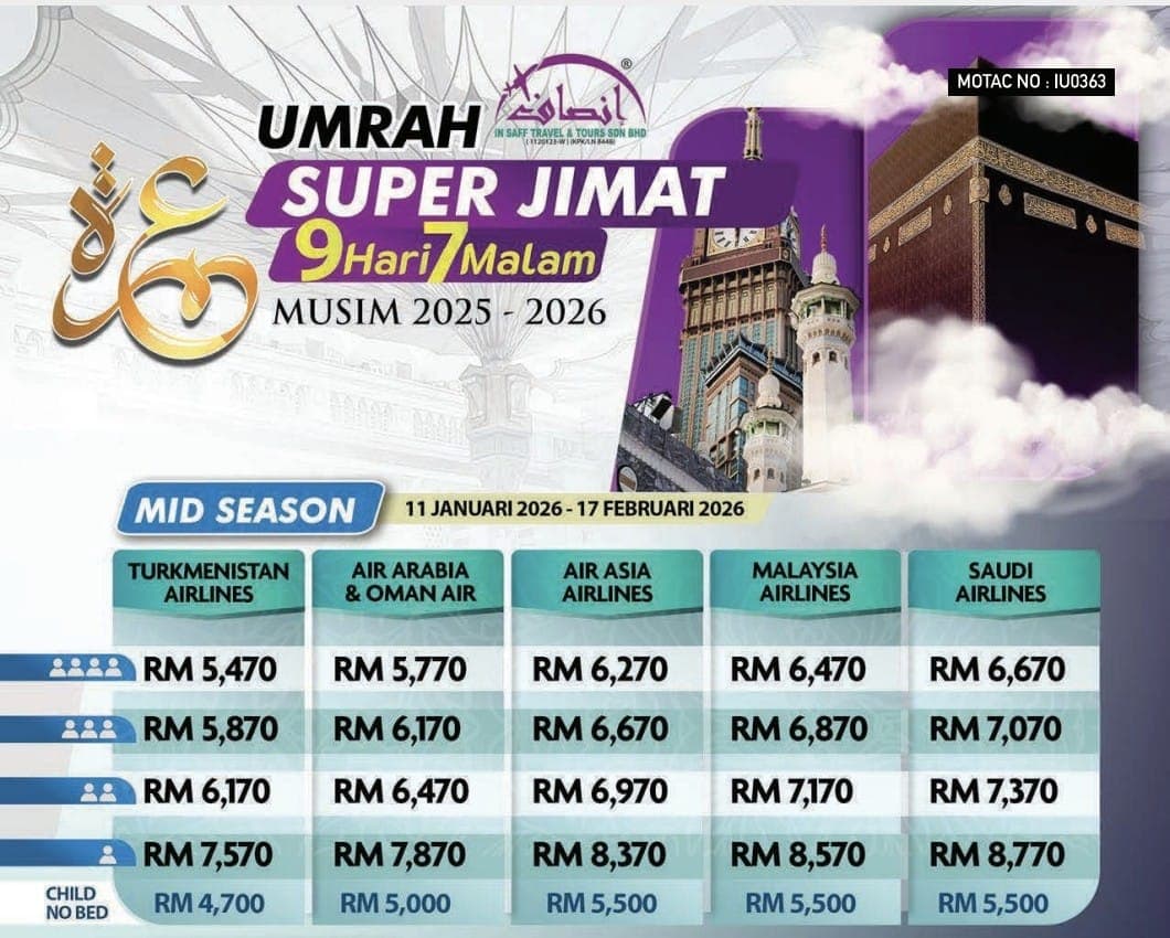 PAKEJ UMRAH SUPER JIMAT 9H7M – 11 JAN-17 FEB 2026