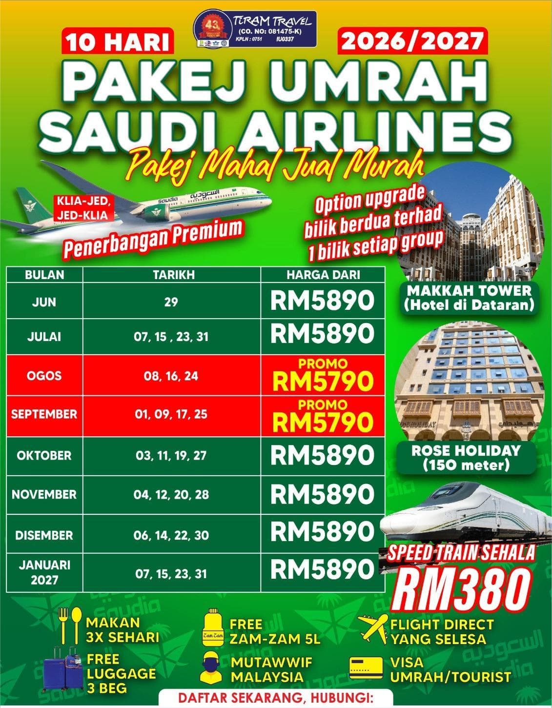 PAKEJ UMRAH SAUDI AIRLINES 10 HARI (JUN 2026-JAN 2027)